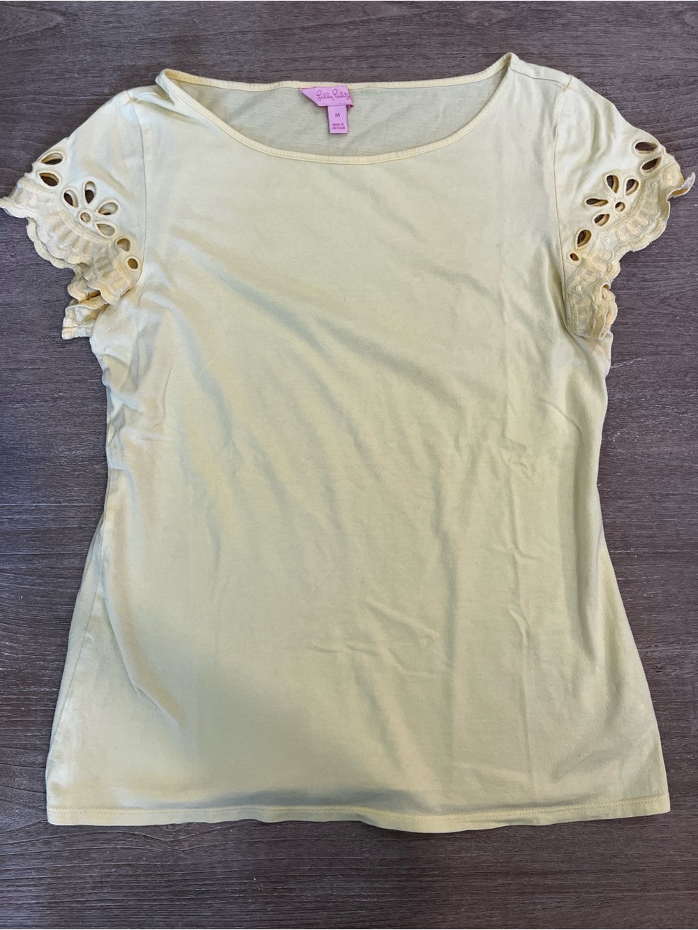 Lilly Pulitzer Pale Yellow Scoop Neck Eyelet Sleeve Top